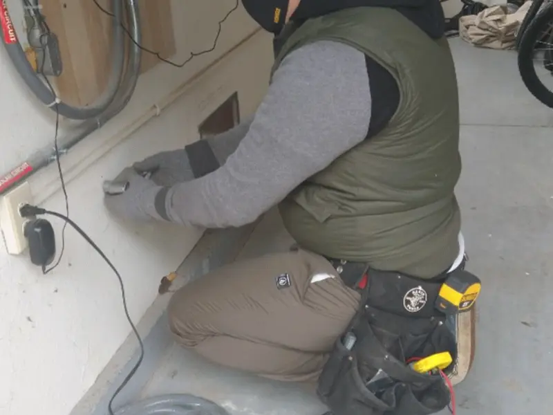 Electrician performing outlet wiring in a Hearne garage
